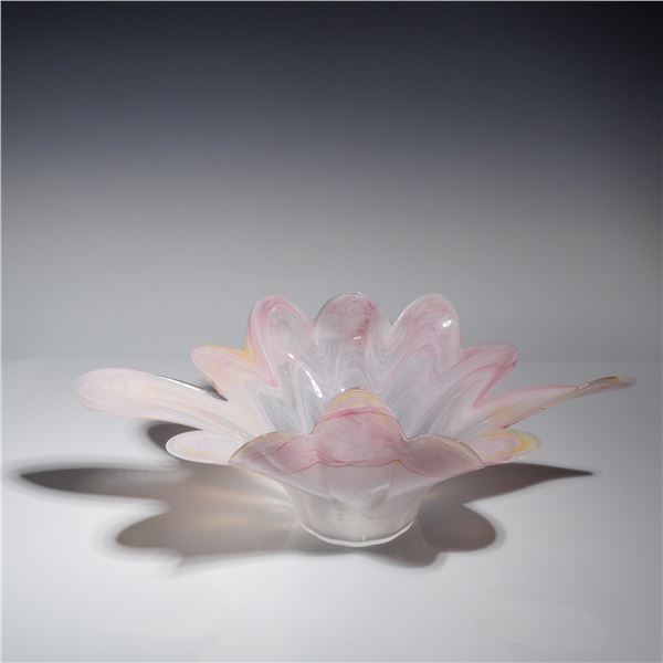 Murano Style Hand-Blown Pink and Yellow Floraform Centerpiece Bowl