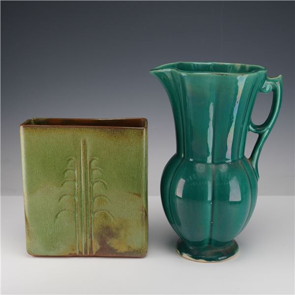 2pc Frankoma Flying Goose Vase and Teal American Art Pottery Pitcher