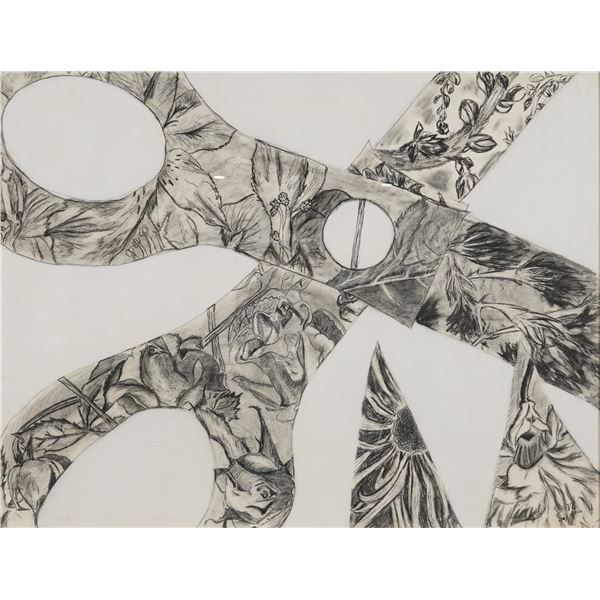 Framed Pastel & Graphite Drawing of Scissors w/ Botanical Designs