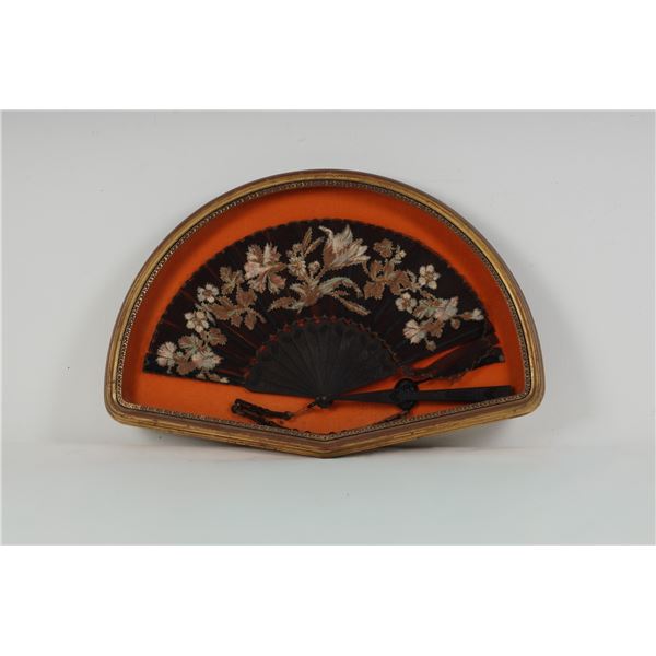 Framed Victorian Hand Fan with Floral Decoration and Mourning Cameo