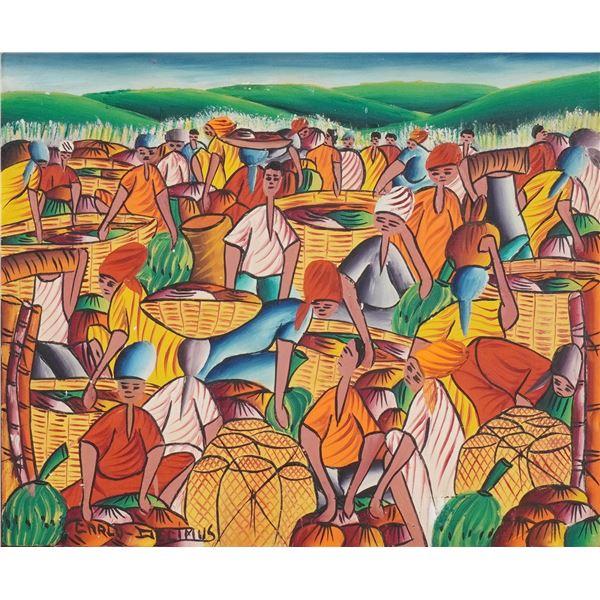 Carlo Decimus, Haitian Oil on Wood Board Painting, Market Scene, Signed