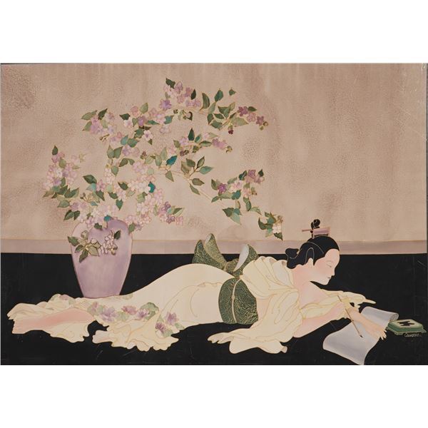 Mid-Century Art Deco Style Silk Painting Signed Carnegie