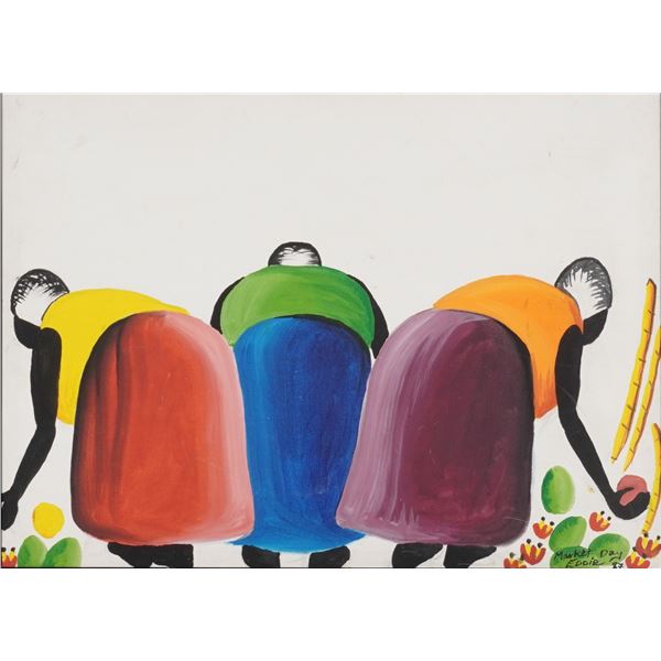 Modern Folk Art Style Painting, Market Day Signed Eddie, 1987