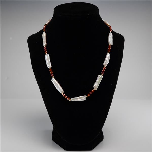 14K Yellow Gold Freshwater Stick Pearl and Brown Bead Necklace