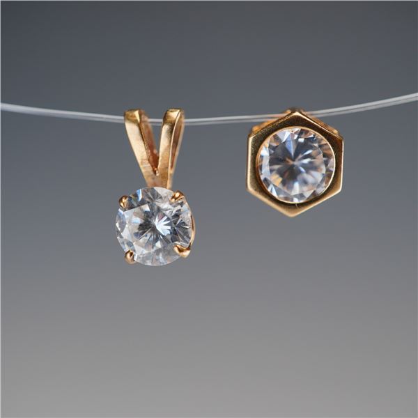 2pc 14K Gold Round Clear Stone Solitaire Pendants