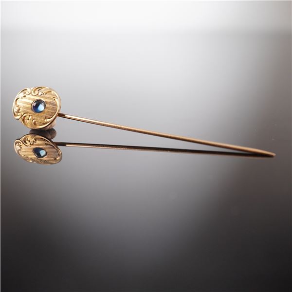 14K Gold Sapphire Engraved Scrollwork Stick Pin