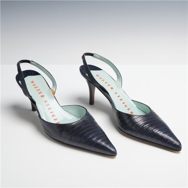Walter Steiger Navy Blue Lizard Skin Pointed-Toe Slingback Pumps, Size 6 B