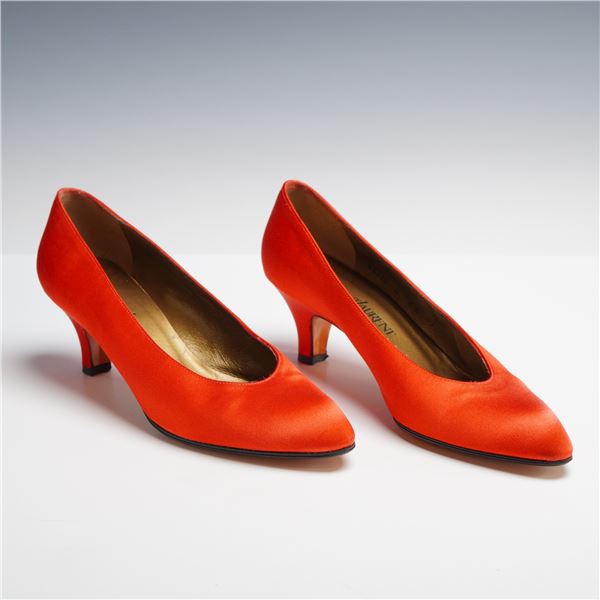 Yves Saint Laurent Vintage Satin Pointed-Toe Kitten Heel Pumps, Size 6.5 N, Tangerine Orange