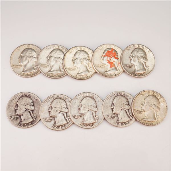 1942,1945,1948,1950,1959,1964 Ten Washington Silver Quarter Circulated Coins