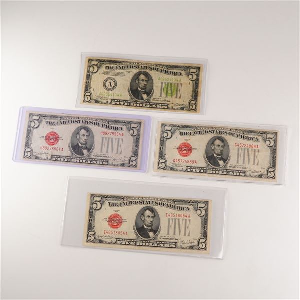 4pc 1928C, 1928F, and 1934 U.S. $5 Notes Silver Certificates
