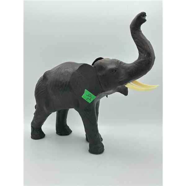 Hand Carved Wood Elephant with Leather and Tusks Nose Up