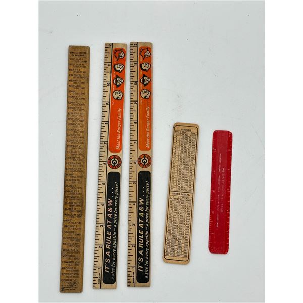 5 Vintage Advertising Rulers Nabob A&W etc.