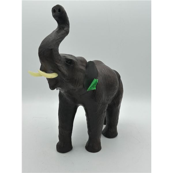 Hand Carved Wood Elephant with Leather and Tusks Nose Up