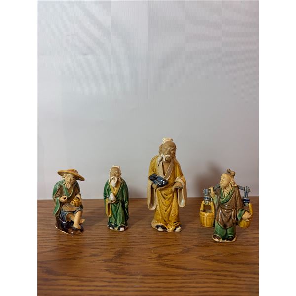 4 x antique Chinese mudmen figures with holes in ears