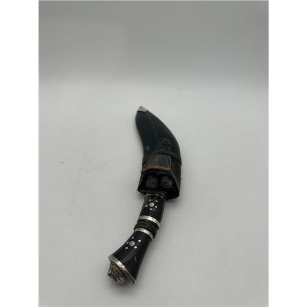 Antique Nepalese Kukri with Leather Scabbard and Two Karda Knives
