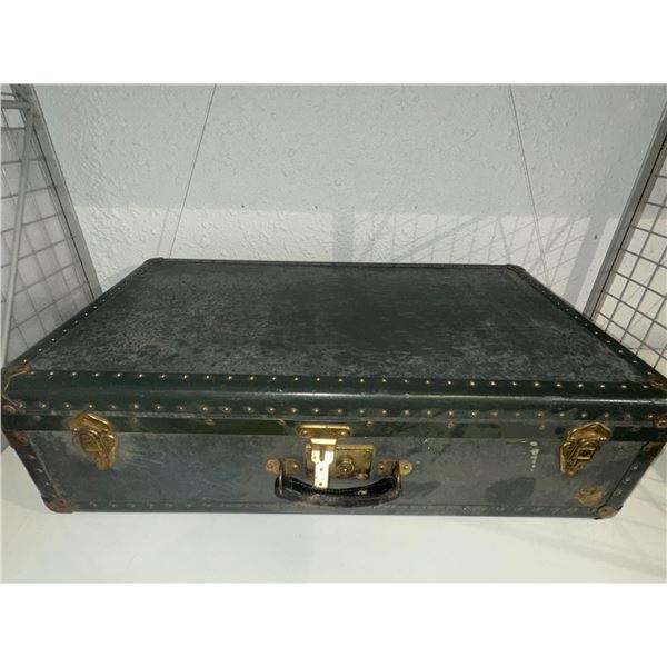 Vintage Green Hard-Sided Steamer Suitcase with Brass Fittings