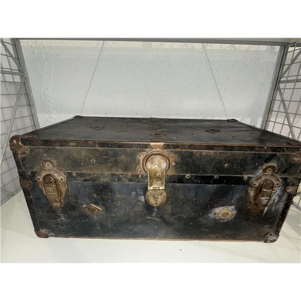 Antique Black Metal-Bound Steamer Trunk