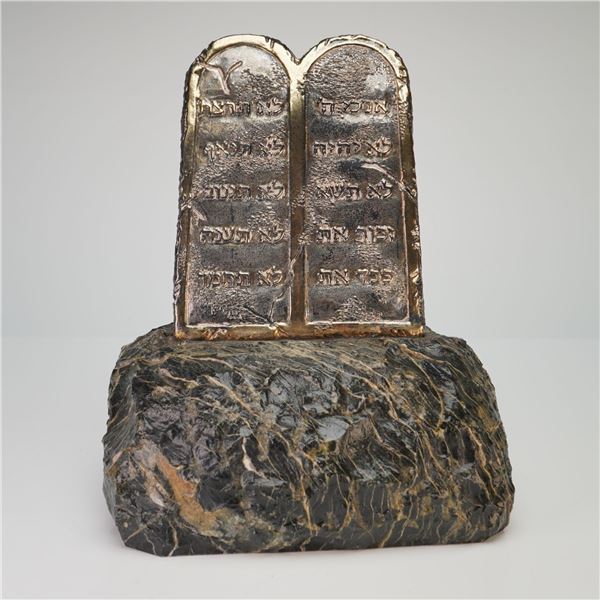 Silver and Veined Stone Base Ten Commandments Judaica Sculpture