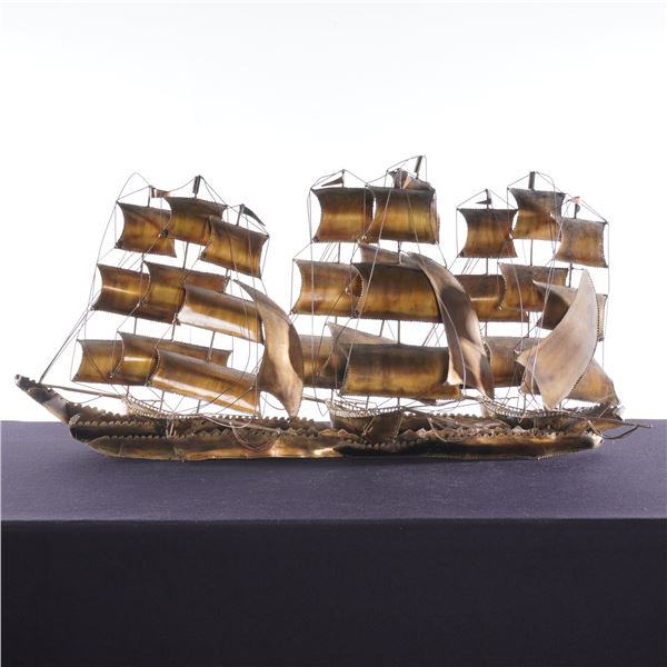 Brass and Copper-Toned Alloy Sailing Ship Sculpture, In the Style of Curtis Jere