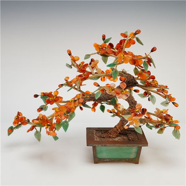 Chinese Carved Hardstone and Jade Oriental Ornamental Bonsai Treasure Tree in Planter