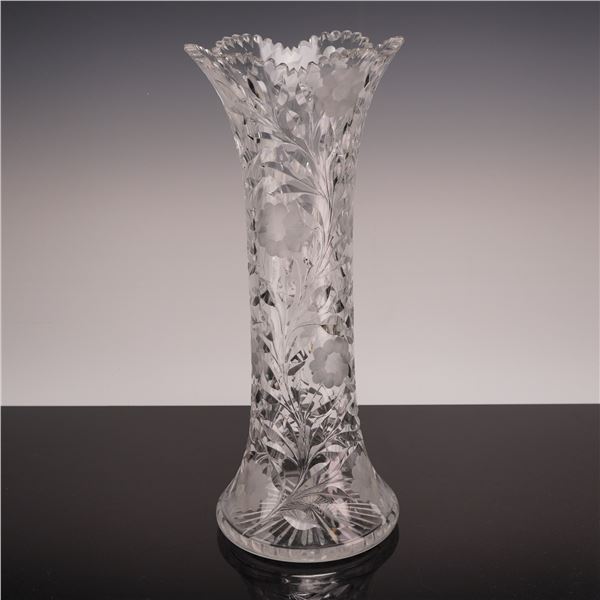 Large Cut Crystal Trumpet Vase with Frosted Floral and Etched Leaf Motifs in the American Brilliant 
