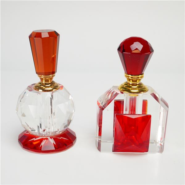A Pair of Cut Crystal Perfume Bottles with Red Glass Accents
