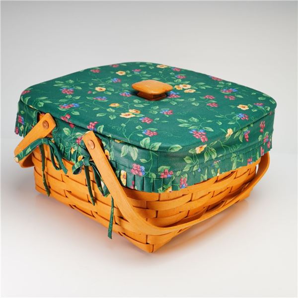 Longaberger Hand Woven Basket with Lid, Green Floral Liner and Protector, 1995