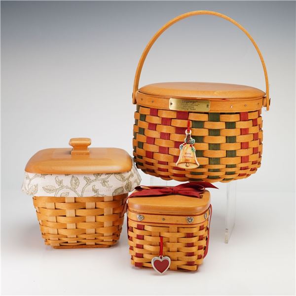 Three Longaberger Maple Wood Hand Woven Baskets with Lids