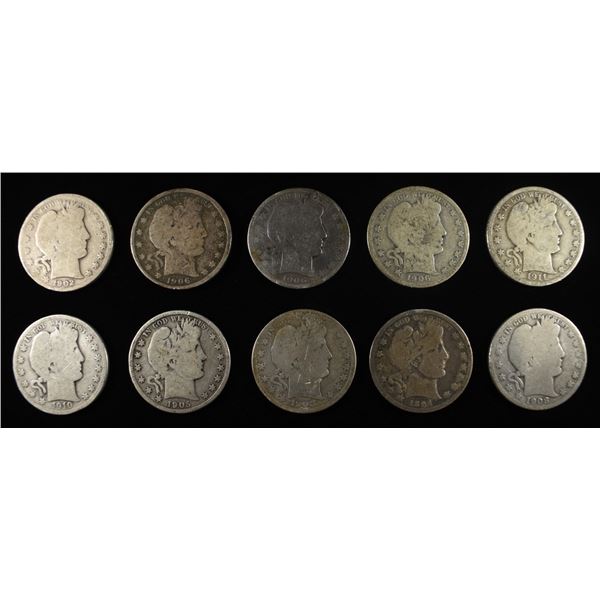 (10) 90% SILVER BARBER HALF DOLLARS