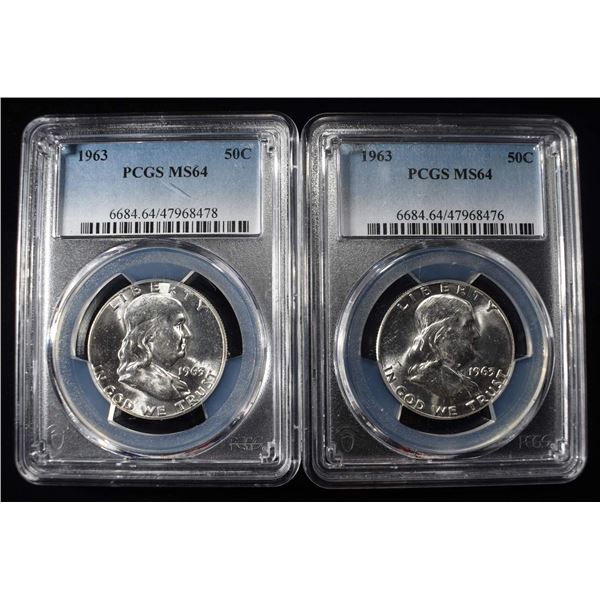 (2) 1963 FRANKLIN HALF DOLLARS PCGS MS 64