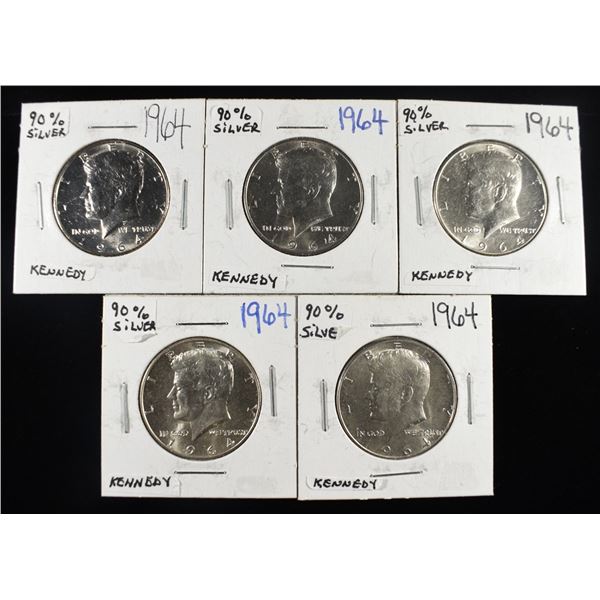 (5) 90% SILVER 1964 KENNEDY HALF DOLLARS