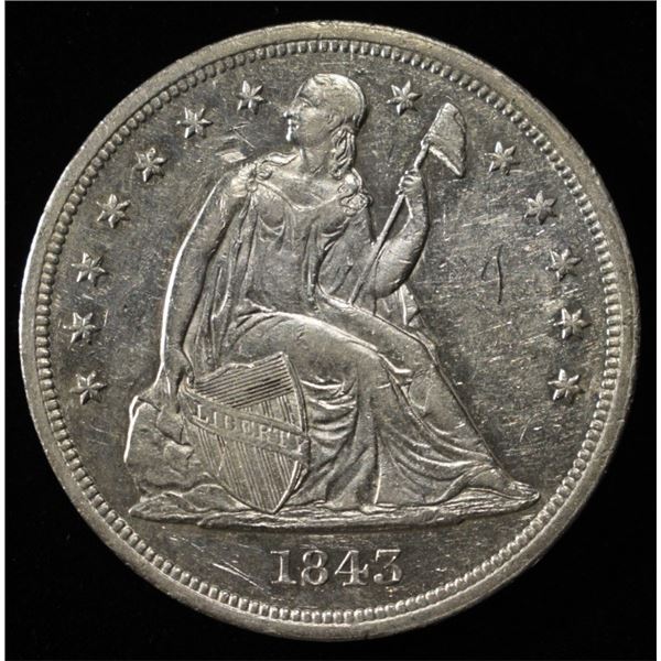 1843 SEATED LIBERTY DOLLAR CH AU