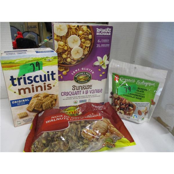 SHELF PULLS (AS IS):  SUNRISE VANILLA CEREAL, MINI TRISCUITS, TRAIL MIX, WALNUTS - 4 PACKAGES