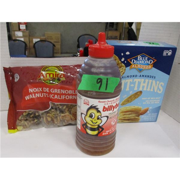 SHELF PULLS (AS IS):  WALNUTS (454G), NUT THINS (120G), HONEY (1 KG)