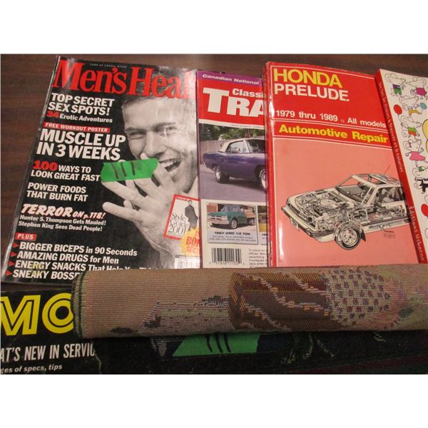FLAT C/W REPAIR BOOKS & MAGAZINES, 1 WALL HANGING, CALLIGRAPHY SET, ETC