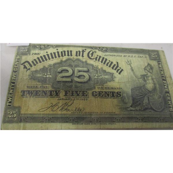 1900 DOMINION OF CANADA 25 CENT SHIN PLASTER