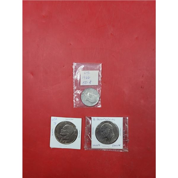 2 Eisenhower Dollars & Kennedy Half Dollar