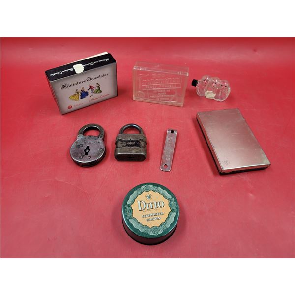 VTG Smalls Lot w/ Padlocks, Typewriter Ribbon Tin, & More