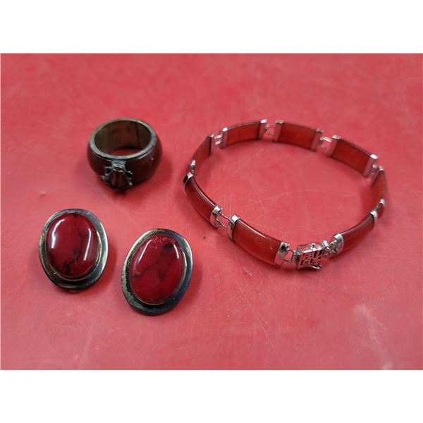 Mexican 925 Sterling Clip-On Earrings, Frog Ring, & Red Asian Bracelet