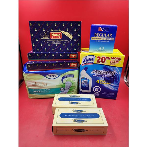 Lot of Facial Tissue, Toilet Cleaner, & Feminine Hygiene Products
