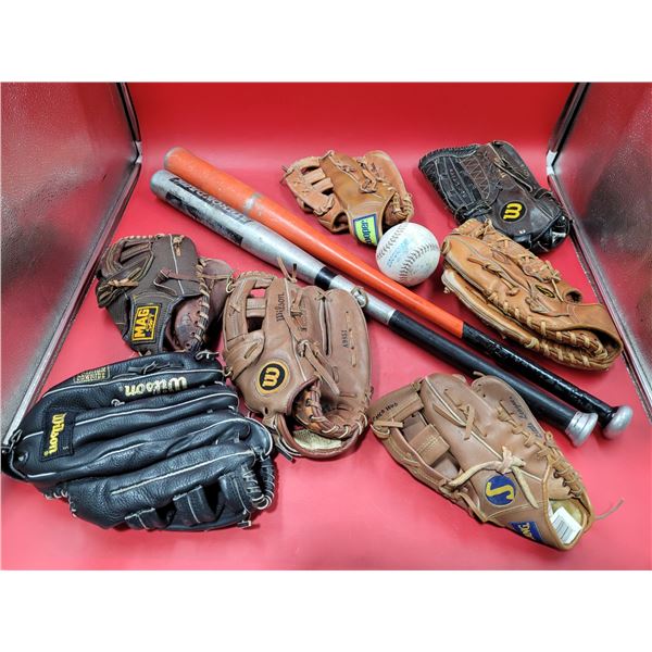 Lot of Baseball Gear w/ Bats, Ball, & Gloves