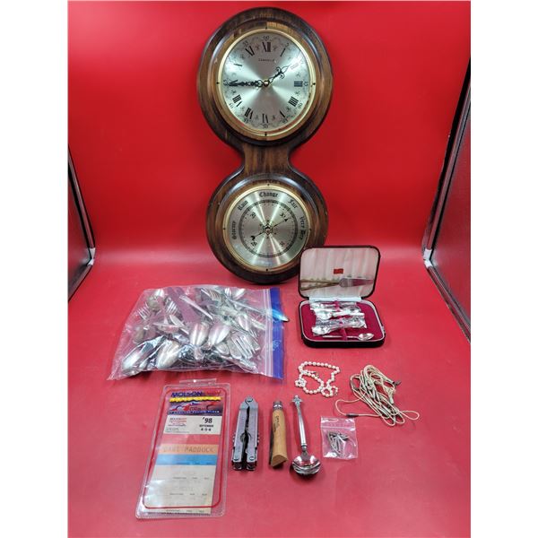 VTG Variety Lot w/ Clock & Barometer, Multi-Tool, Small Dessert Spoons, & More