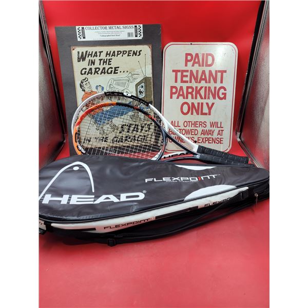2 tennis rackets and a pair of vintage signs