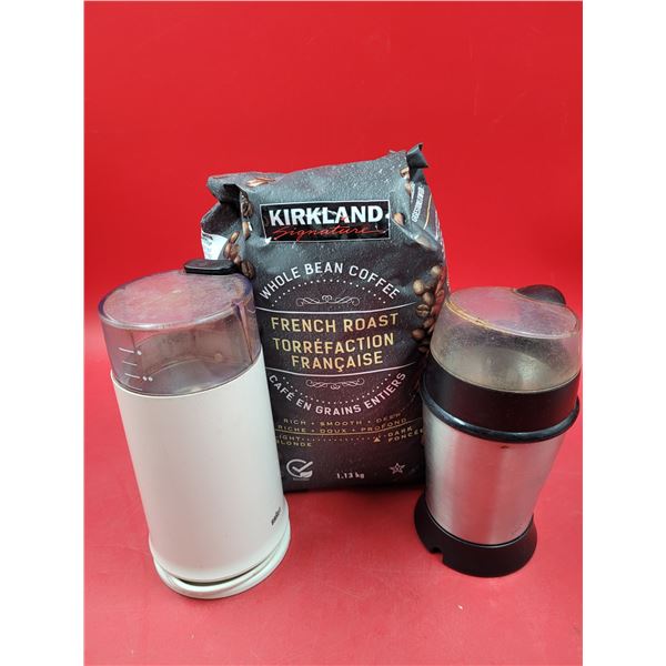 2 coffee grinders and bag of beans