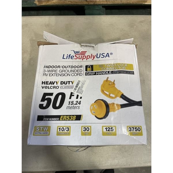 AS NEW 3 WIRE GROUNDED 50FT RV EXTENSION CORD TWIST CONNECT WIOTH GRIP HANDLE