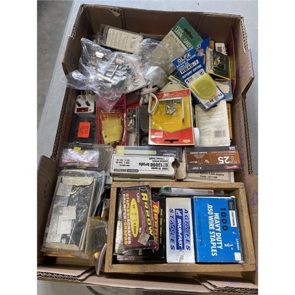 TRAY OF SHOP SUPPLIES INCLUDING SPARK PLUGS STAPLES, ROTARY CUTTER BLADES