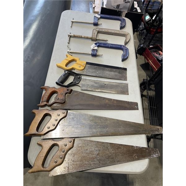 ASSORTED HAND SAWS AND 3 6 INCH CLAMPS