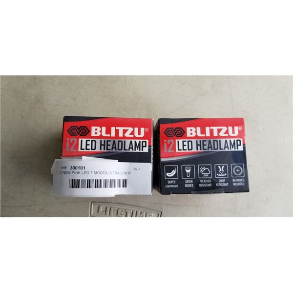 2 NEW PINK LED 7 MODES ULTRA LIGHT WEATHER RESISTANT HEADLAMPS WITH BATTERIES