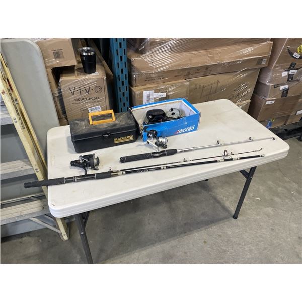 TACKLE BOX AND CONTENTS, COLLAPSIBLE ROD AND SPINNING ROD WITH REELS