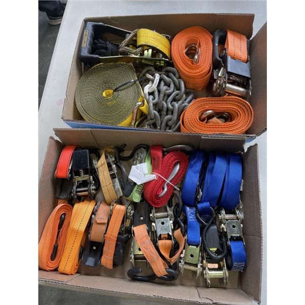 2 TRAYS OF ASSORTED RATCHET STRAPS AND CHAIN